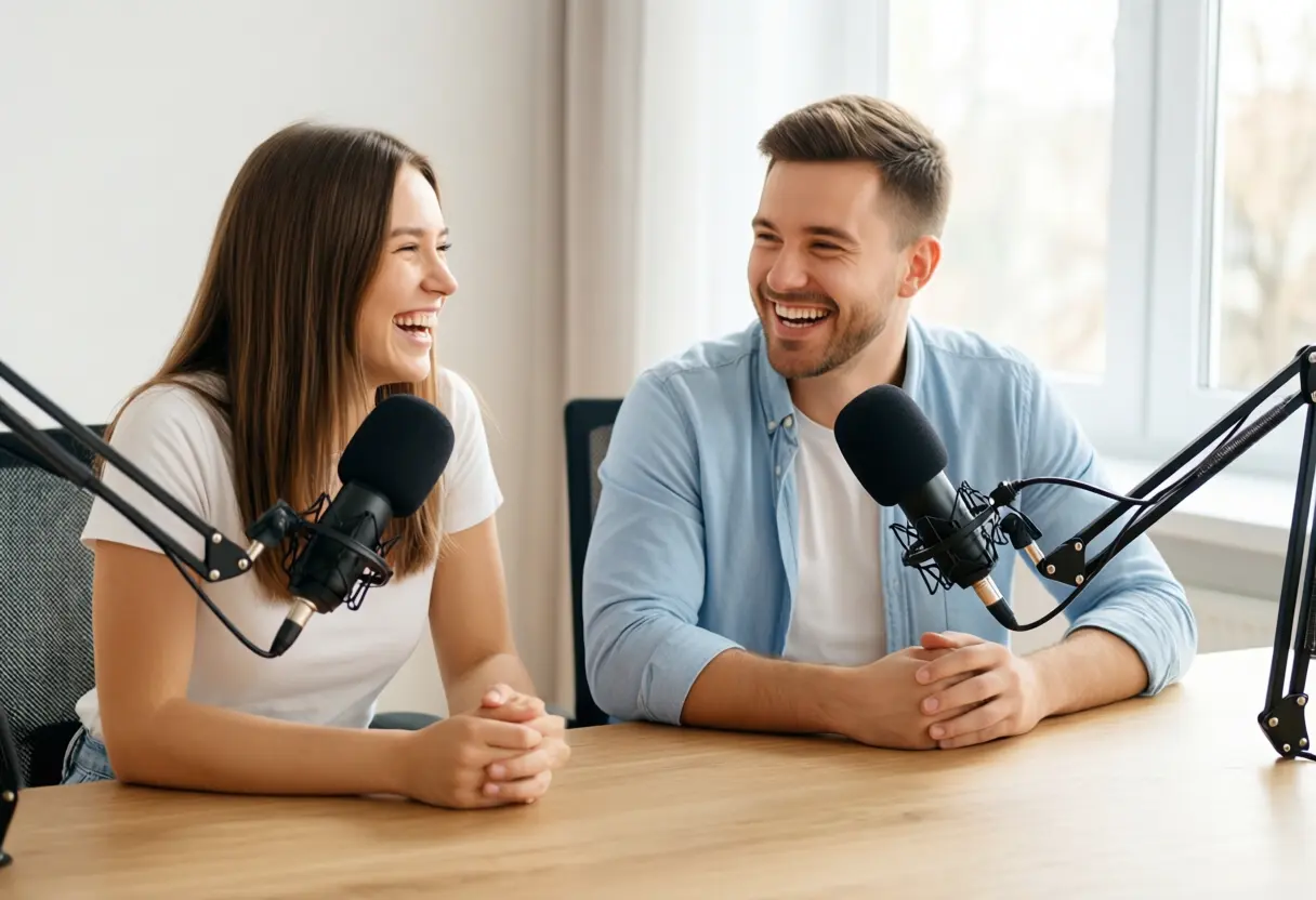 Zwei Hosts im Gespräch am Mikrofon – der Podcast zu Gehalt und Benefits
